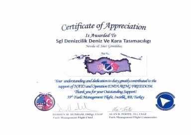 Certificate of Appreciation from Defence Logistic Agency